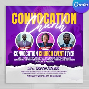 May include: A purple and white church event flyer with the text "CONVOCATION CHURCH EVENT FLYER." It features three headshots of speakers and the text "Speaker Jennyfer." The flyer includes the phone number 0900 2311 3455 8900.