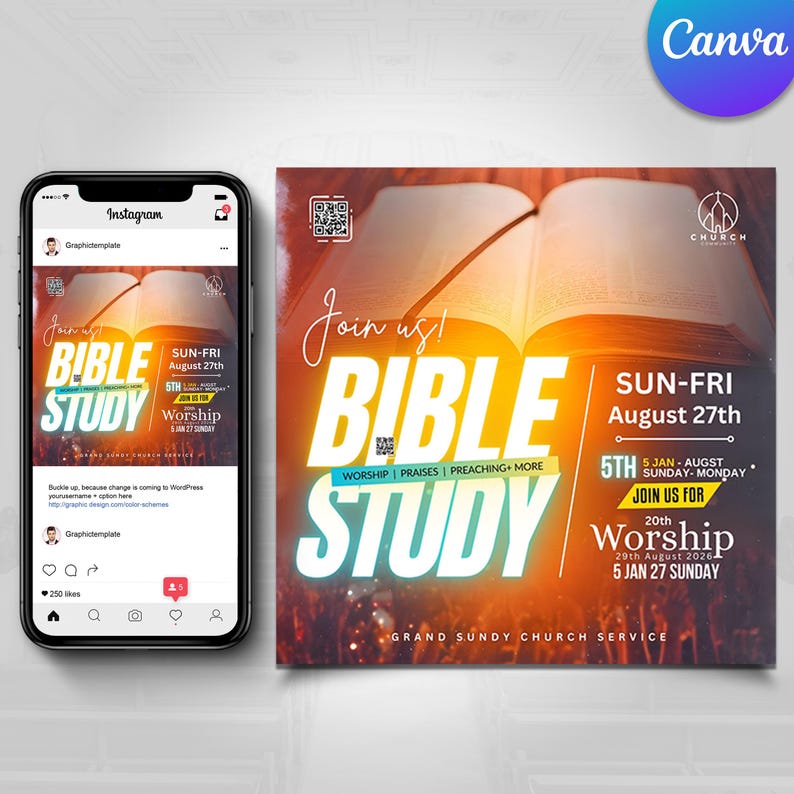 May include: A poster advertising a Bible study, featuring an open book with illuminated pages. The design prominently displays the words "BIBLE STUDY" and includes event details such as the date and time of the study.