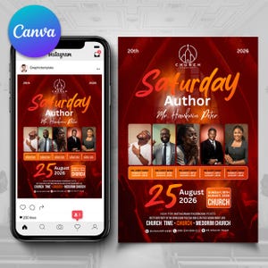 Puede incluir: Un folleto rojo y una pantalla de teléfono muestran un anuncio de un evento de la iglesia. El folleto y la pantalla del teléfono presentan el texto "Saturday Author" con la fecha "25 de agosto de 2026". Se incluyen imágenes de personas.