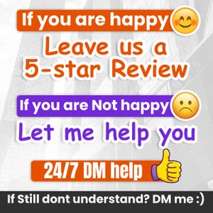 May include: Image with text: "If you are happy, Leave us a 5-star Review. If you are Not happy, Let me help you. 24/7 DM help." Includes a smiling and a frowning emoji, and a thumbs-up emoji. The background is a blurred image of a building.