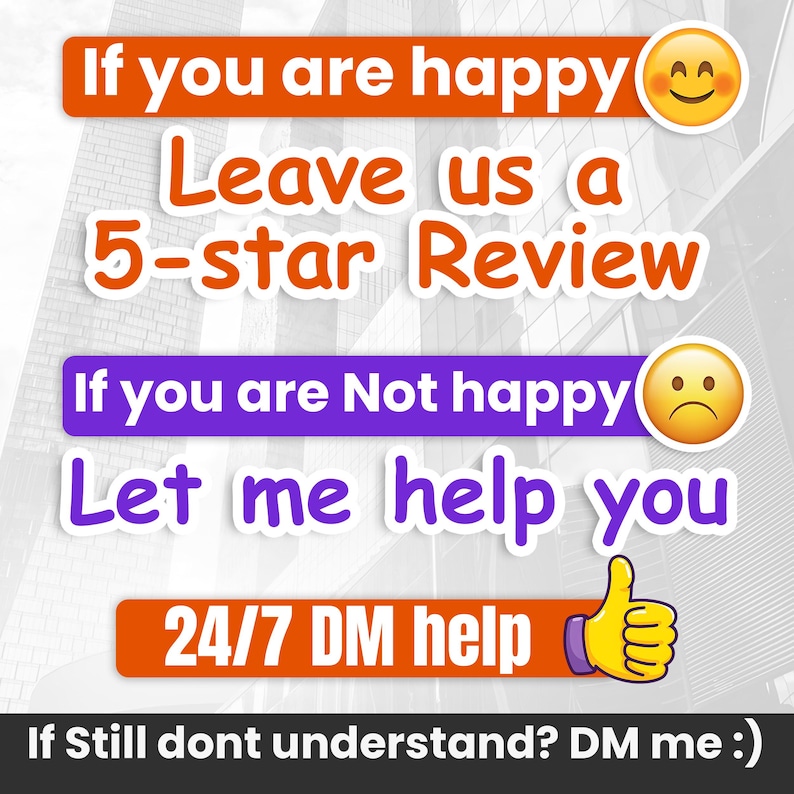May include: Image with text: "If you are happy, Leave us a 5-star Review. If you are Not happy, Let me help you. 24/7 DM help." Includes a smiling and a frowning emoji, and a thumbs-up emoji. The background is a blurred image of a building.