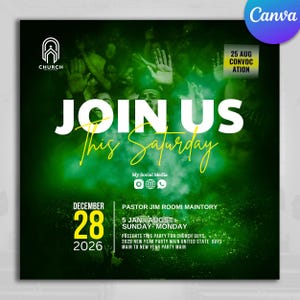 May include: A green and black flyer with the text "JOIN US This Saturday" in white and yellow. The flyer includes the church logo, date, and event details. The Canva logo is in the upper right corner.