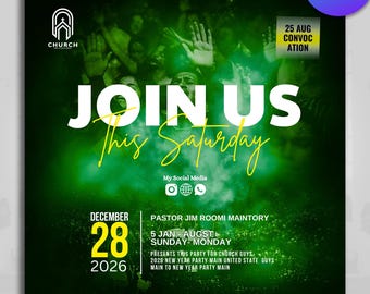 Könnte beinhalten: Ein grüner und schwarzer Flyer mit dem Text "JOIN US This Saturday" in Weiß und Gelb. Der Flyer enthält das Kirchenlogo, das Datum und die Veranstaltungsdetails. Das Canva-Logo befindet sich in der oberen rechten Ecke.