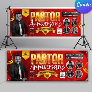 Op de afbeelding: Een rood en goudkleurig spandoek voor een Pastor Anniversary-evenement. De banner toont de tekst "PASTOR Anniversary" in goud, de datum "28 december 2026" en de tekst "The Name of Quality Since 1895."