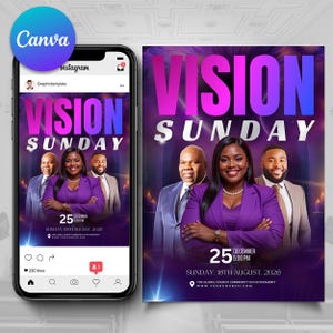 May include: A digital graphic for "Vision Sunday" with the text in pink and blue gradients. The image features a group of people in suits, with the date "25 December" and the time "5:00 PM" displayed. The Instagram post is visible on a smartphone.