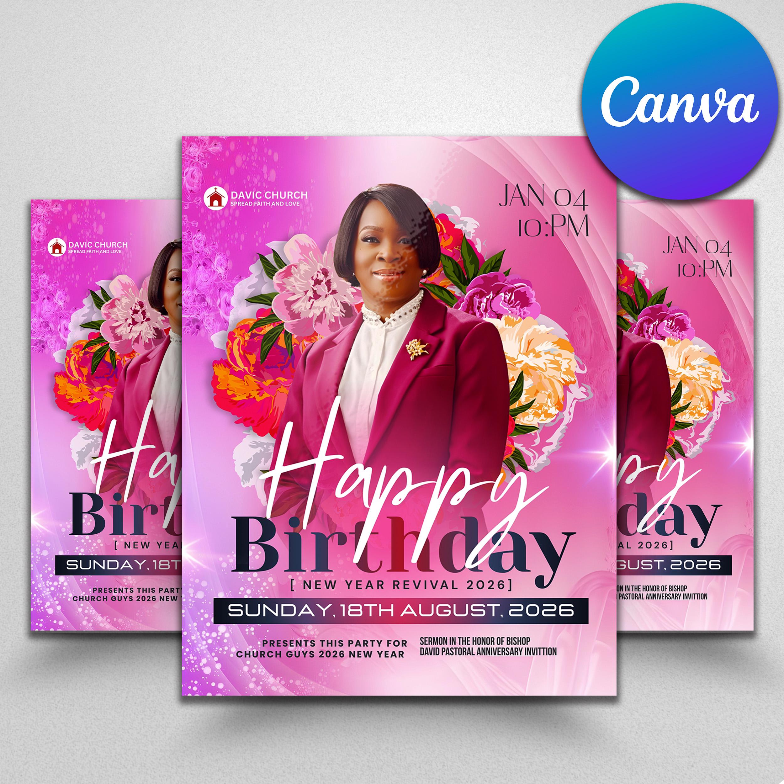 First Lady Birthday Church Flyer | Pink Floral Church Celebration ...