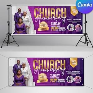 May include: A banner for a church anniversary, featuring a purple and gold design with the words "CHURCH Anniversary" in a script font. It includes photos of people and event details.