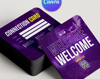 May include: A stack of square purple connection cards with white text. The top card reads "CONNECTION CARD" and has spaces for name, phone, and email. Another card says "WELCOME WELCOME" with a QR code.