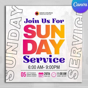 Peut inclure: Flyer carré avec le texte "Join Us For Sunday Service" en grandes lettres colorées. Le flyer comprend l'heure, la date et un logo d'église. L'arrière-plan est une image floue d'un intérieur d'église.