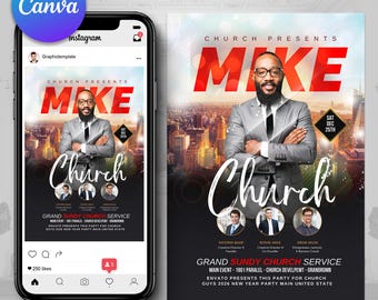 May include: A promotional graphic for a church event, featuring a man in a suit with the name "MIKE" in large red letters. The flyer includes event details, date, and the church's name, displayed on a smartphone and a printed flyer.