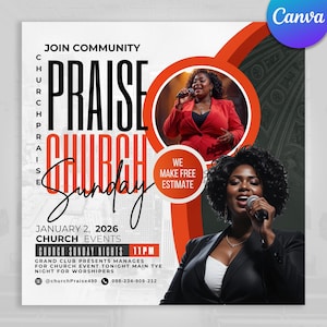 May include: A promotional graphic for a church event. The design features the words "PRAISE CHURCH SUNDAY" in bold text, with additional details including the date, time, and contact information. Two women are pictured, each holding a microphone.