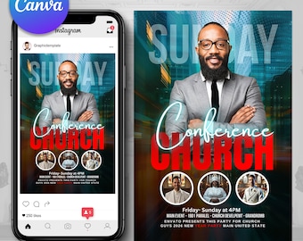 May include: A promotional graphic for a church conference, displayed on a smartphone and a flyer. The design features a man in a suit, the words "Sunday" and "Conference Church", and event details. The Canva logo is visible.
