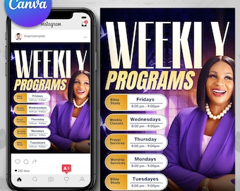 Church Weekly Programs Flyer | Canva Editable Church Bulletin Template | Sunday Service Poster | Church Bulletin | Weekly Church Planners