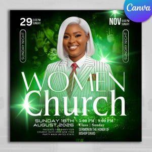 Puede incluir: Un cartel promocional para un evento de Women's Church. Presenta a una mujer sonriente con cabello blanco, vestida con un traje a rayas y corbata roja. El texto incluye el nombre del evento, la fecha, la hora y el lugar, con una combinación de colores verde y blanco.