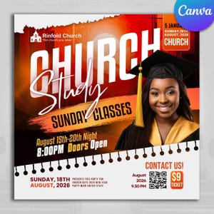 Puede incluir: Un cartel promocional para un evento de la iglesia. El diseño presenta las palabras "CHURCH STUDY" en letras grandes, con "SUNDAY CLASSES" debajo. A la derecha, una mujer sonriente con birrete. El cartel incluye detalles del evento y un código QR.