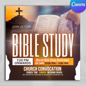 May include: A promotional graphic for a church event. The image features a cross silhouetted against a sunset, an open Bible, and the words "BIBLE STUDY" in large, bold letters. Additional text announces a church convocation.