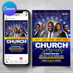 May include: A digital flyer and a phone screen displaying a church service announcement. The design features a blue and gold color scheme, with images of several people. Text includes "Church Services" and the date "15th August 2026".