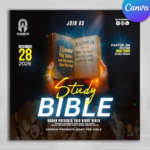 Puede incluir: Un gráfico promocional para un evento de la iglesia. La imagen presenta una Biblia abierta con luz brillante, el texto "Study BIBLE" en letras grandes y detalles del evento, incluida la fecha, la hora y el nombre del pastor. El fondo es oscuro.