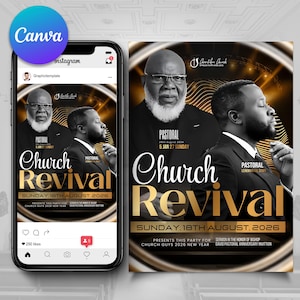 May include: A digital flyer and a phone display a church revival event. The design features two men, gold accents, and the words "Church Revival" in large, stylized font. The flyer includes event details such as the date, time, and a list of event sponsors.