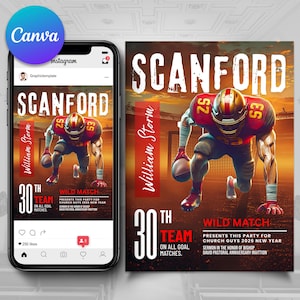 Könnte beinhalten: Ein digitales Grafikdesign für ein Football-Event mit einem Spieler in roter und goldener Uniform. Das Design enthält den Text "SCANFORD", "William Storm" und "30th Team". Das Design wird auf einem Smartphone und einem Flyer angezeigt.