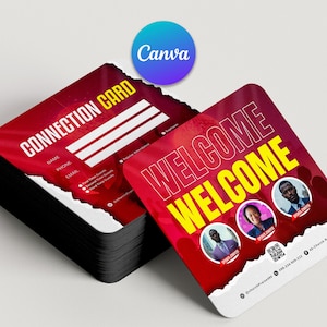 Könnte beinhalten: Ein Stapel roter und weißer Verbindungskarten mit dem Text "CONNECTION CARD" und "WELCOME WELCOME". Die Karten enthalten Felder für Name, Telefon und E-Mail sowie Sprecherporträts.