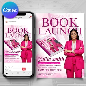 May include: A promotional graphic for a book launch event. The design features a woman in a pink suit, the text "Book Launch," and the author's name, Jullia Smith. The date is Sunday, August 18th, 2026. The design is displayed on a phone and a poster.