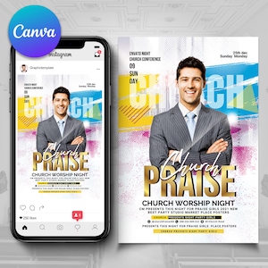 Volantino di lode in chiesa / Convegno in chiesa / Volantino per evento in chiesa / Invito all'evento / Volantino per Instagram / Poster per chiesa / Modelli per chiesa / Canva