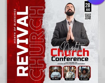 May include: A promotional graphic for a church conference. The design features a man in a suit with hands clasped in prayer, the text "Night Church Conference", and speaker portraits. The background is red and white with the words "Revival Church".