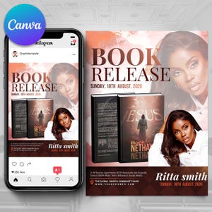May include: Instagram post and flyer promoting a book release. The design features a woman's portrait, the text "BOOK RELEASE" and "SUNDAY, 18TH AUGUST, 2026". The book cover is visible with the title "JESUS" and author's name.