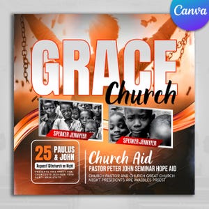 Puede incluir: Un folleto promocional para Grace Church, con el texto "GRACE Church" en letras grandes. Incluye imágenes de niños y detalles del evento, como la fecha, el orador y el nombre del evento, "Church Aid". El logotipo de Canva es visible.