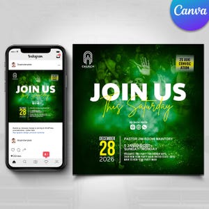 May include: A promotional graphic for a church event, featuring the text "JOIN US This Saturday" in white and yellow against a green background. The date "DECEMBER 28 2026" is prominently displayed. The image also includes social media icons and the Canva logo.