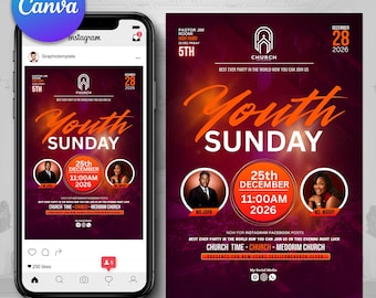 Volante del Domingo de la Juventud, Volante del Servicio Juvenil de la Iglesia, Volantes de la Noche de la Iglesia, Invitación a un Evento de la Iglesia, Volante de Instagram, Volante de Canva de la Iglesia, Orador Invitado