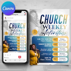 Könnte beinhalten: Digitalgrafik für wöchentliche Kirchenaktivitäten, mit einer Frau in einem gelben Anzug mit Mikrofon. Das Design enthält den Text "CHURCH WEEKLY Activities" und einen Zeitplan. Das Bild wird auf einem Telefon und einem Flyer angezeigt.
