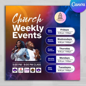 May include: A promotional graphic for a church's weekly events, featuring the text "Church Weekly Events" in large white letters. The graphic includes a schedule with times and days for Bible study, prayer services, and worship services. Two people are pictured.