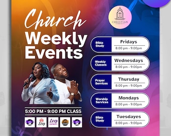 Church Weekly Events Flyer, Church Events Planners, Church Study, Church Canva Templates, Church Convocation, Church Services, Church Flyers