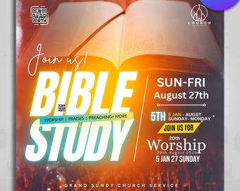 Könnte beinhalten: Ein Werbeplakat für eine kirchliche Veranstaltung. Es zeigt ein offenes Buch mit den Worten "BIBLE STUDY" in leuchtenden Buchstaben. Zusätzlicher Text enthält Veranstaltungsdetails, Daten und den Namen der Kirche. Der Hintergrund hat einen warmen Glanz.