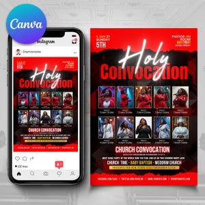 May include: A red flyer and a smartphone screen display a church event advertisement. The flyer features the words "Holy Convocation" in white neon, with images of women and event details. The smartphone shows the flyer on an Instagram post.