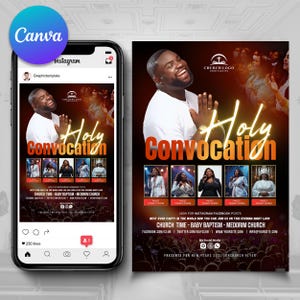Puede incluir: Un folleto promocional y un teléfono que muestra el folleto de un evento de la iglesia. El folleto tiene un fondo oscuro con las palabras "Holy Convocation" en oro. Presenta imágenes de personas y detalles del evento.