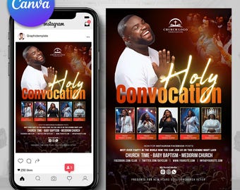 Könnte beinhalten: Werbeflyer und Telefon, das den Flyer für eine Kirchenveranstaltung anzeigt. Der Flyer hat einen dunklen Hintergrund mit den Worten "Holy Convocation" in Gold. Es zeigt Bilder von Personen und Veranstaltungsdetails.