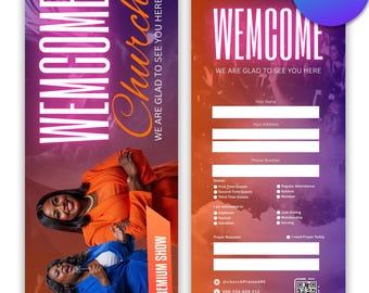 May include: A vertical promotional flyer with a gradient background of purple, orange, and red. The flyer says "WEMCOME Church" and "WE ARE GLAD TO SEE YOU HERE". It includes a form for contact information and a QR code.