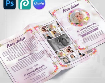 4 Pages Tabloid, Bifold Funeral Program Brochure, Canva Brochure, Celebration of Life, Women's Obituary Brochure, 11x17 inches, Photoshop
