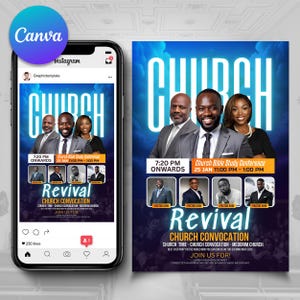 Puede incluir: Un folleto digital para un evento de la iglesia, que se muestra en un teléfono inteligente y como impresión. El folleto presenta la palabra "CHURCH" en letras blancas grandes. Incluye imágenes de tres personas y detalles del evento: "Revival Church Convocation".
