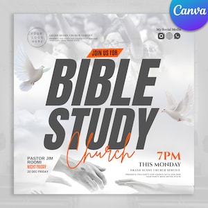 Puede incluir: Un folleto promocional para un evento de la iglesia. El diseño presenta las palabras "BIBLE STUDY CHURCH" en letras grandes y en negrita de color gris con un acento naranja. Incluye el texto "JOIN US FOR" y "7PM THIS MONDAY". Se representan dos palomas, junto con el texto "PASTOR JIM ROOMI NIGHT FRIDAY 20 DEC FRIDAY".