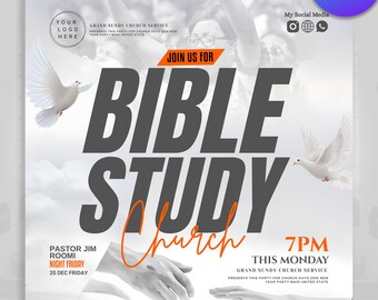 Bible Study Flyer, Sunday Service, Church Flyer, Church Revival, Church Convocation, Church Study, Holy Bible, Canva Template, Worship Flyer