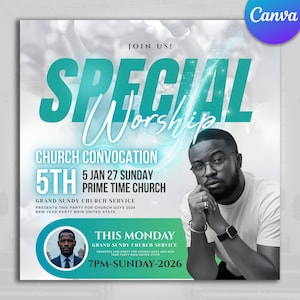 Puede incluir: Un gráfico promocional para un evento de la iglesia. El diseño presenta las palabras "SPECIAL Worship" en letras grandes de color turquesa, con detalles del evento como la fecha, la hora y el lugar. Un hombre con gafas aparece en el lado derecho del gráfico.