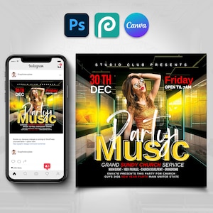 Może przedstawiać: Grafika promocyjna na imprezę, z kobietą w złotej sukience i okularach przeciwsłonecznych. Tekst brzmi "Party Music" dużymi żółtymi literami, z danymi wydarzenia poniżej. Obraz jest wyświetlany na telefonie i ulotce.