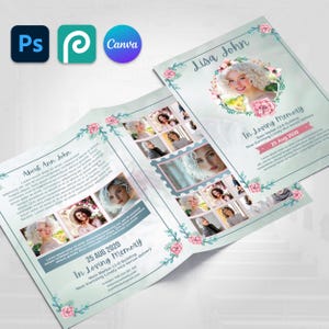 May include: A memorial service program with a floral border and photos. The program includes the text "Lisa John" and "In Loving Memory" with the date "25 AUG 2020". Software icons for Photoshop, Canva, and other design tools are in the upper left.