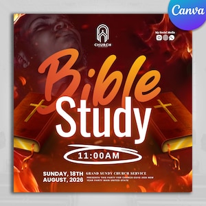 Puede incluir: Anuncio de un estudio bíblico de la iglesia. La imagen presenta las palabras "Bible Study" en texto grande, naranja y estilizado. La hora es 11:00 AM. La fecha es domingo 18 de agosto de 2026. El logotipo de la iglesia está arriba.