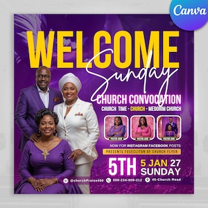 Puede incluir: Un folleto de iglesia morado y amarillo con las palabras "WELCOME Sunday". El folleto anuncia una convocatoria de la iglesia, con fotos de los líderes de la iglesia y detalles sobre el evento, incluyendo la fecha, hora y lugar.