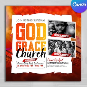 Puede incluir: Un cartel promocional con el texto "GOD GRACE Church" en naranja y blanco. Incluye imágenes de niños y detalles para una Conferencia de Estudio Bíblico y un evento de Ayuda Caritativa. El cartel está diseñado con una plantilla de Canva.